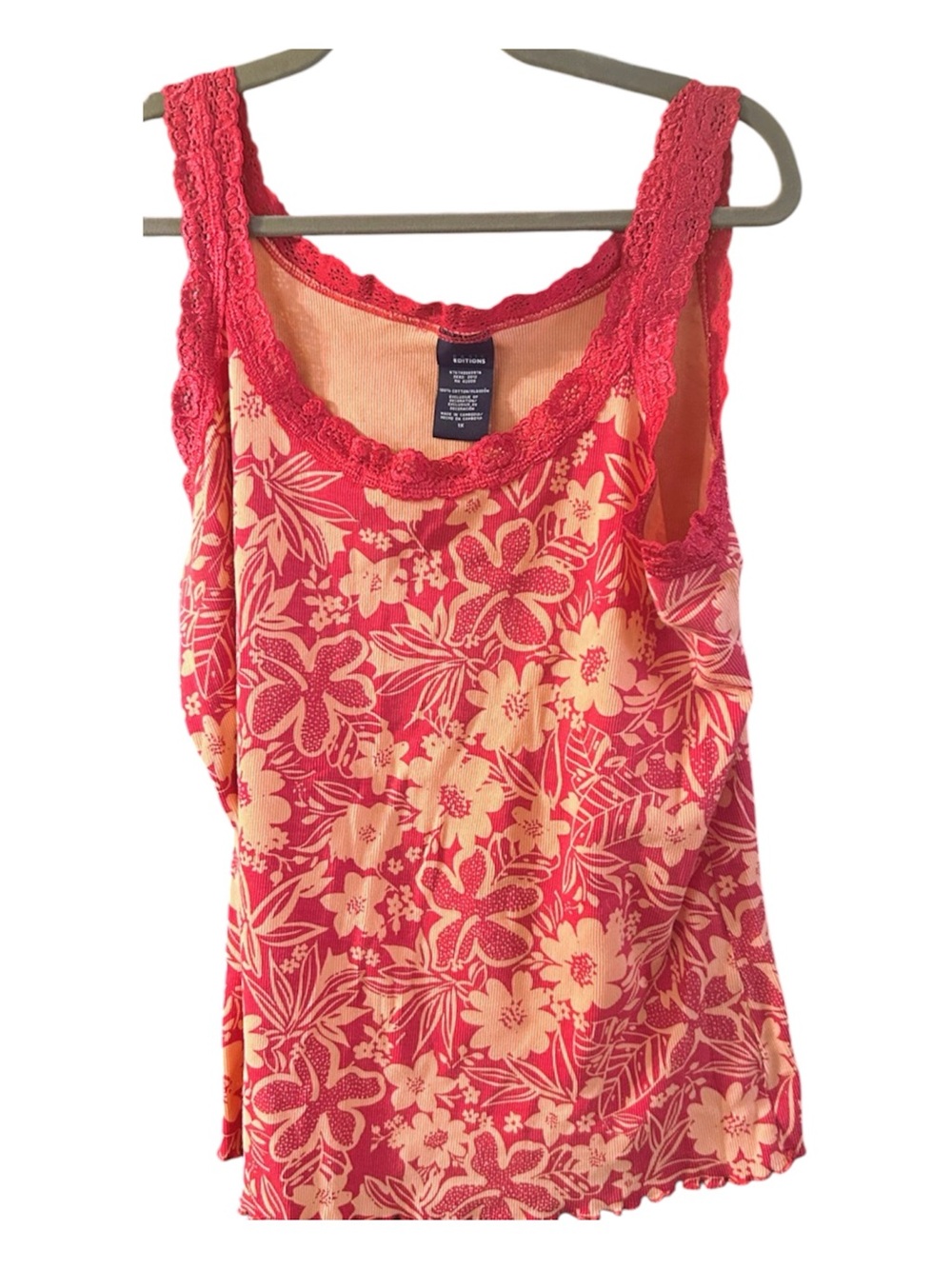 Basic Editions Coral and Peach Floral Lace-Trim Tank 1X Never Worn